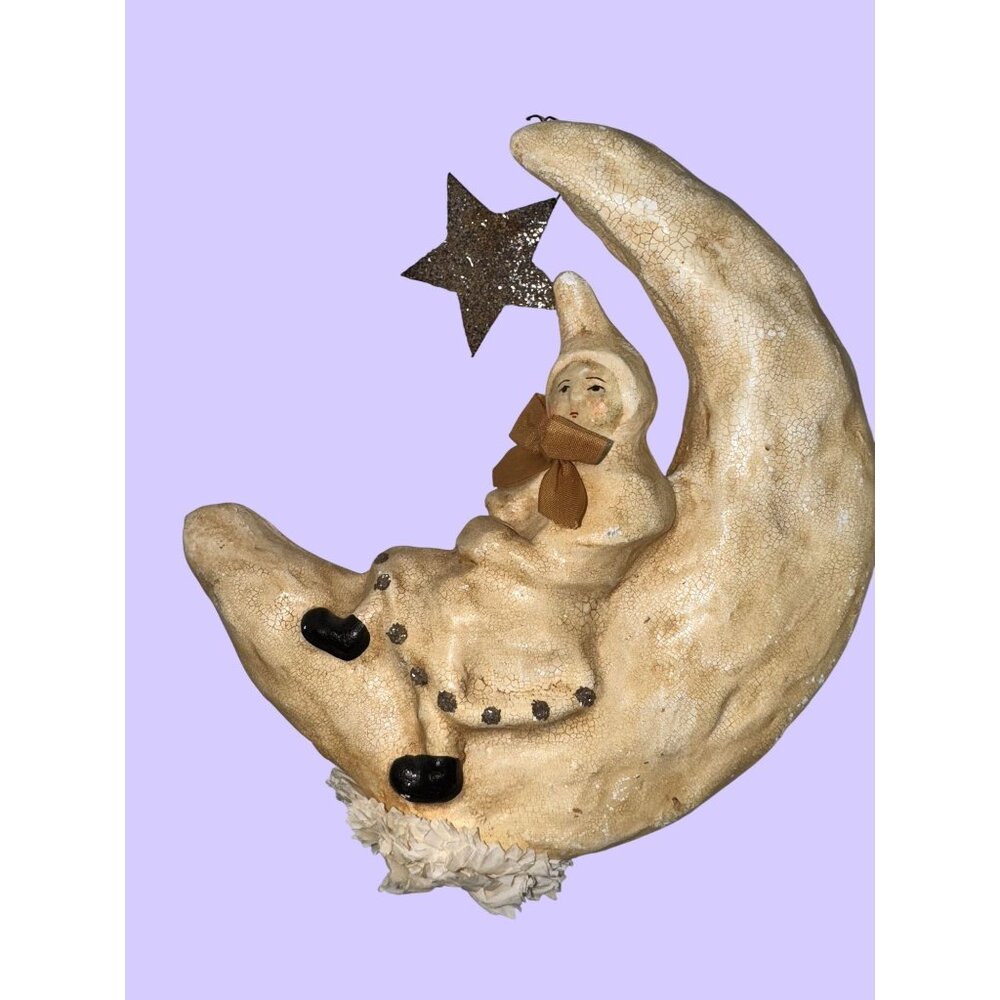 Nicol Sayre Vintage Paper Machet Handcrafted Moon & Star Ornament With Sitting F - Picture 13 of 16